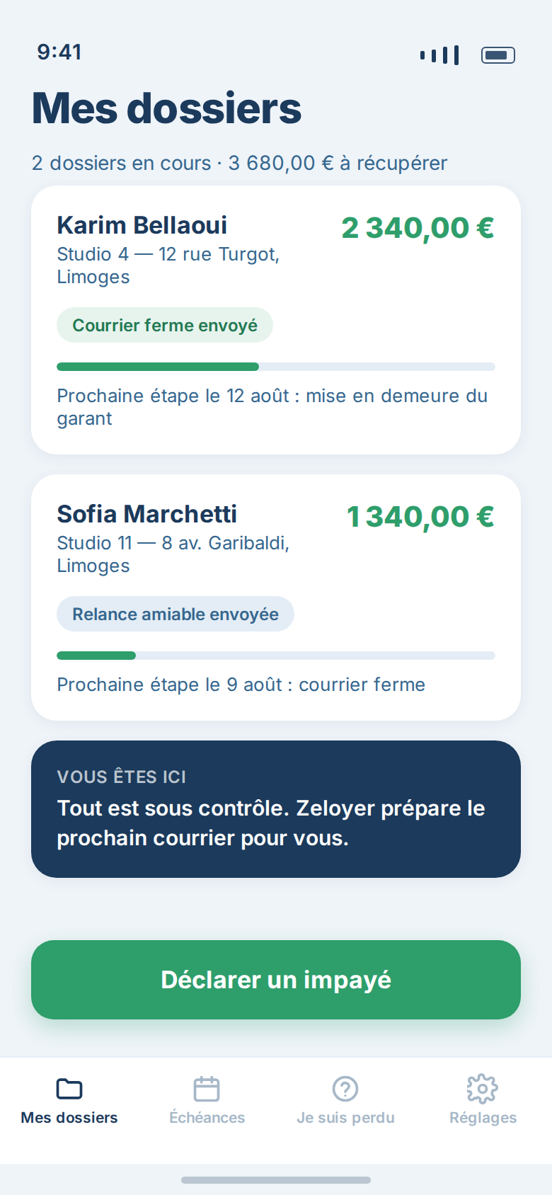 Écran d'accueil de l'application Zeloyer : la liste des dossiers d'impayés et les montants à récupérer.