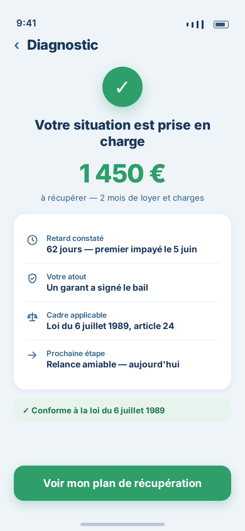 Écran de diagnostic de Zeloyer : montant à récupérer, retard constaté et prochaine étape.