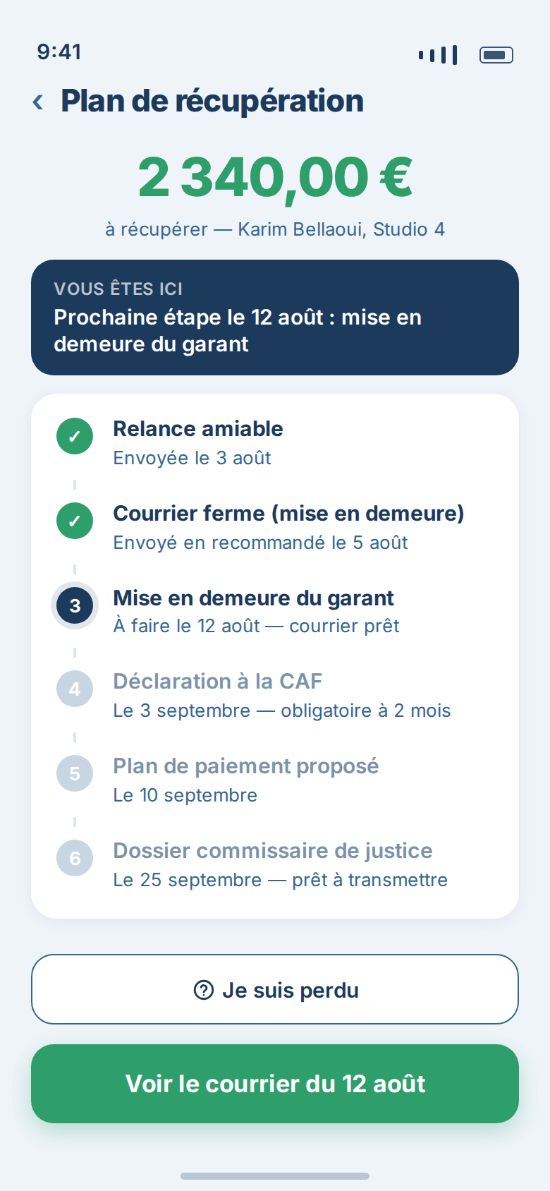Plan de récupération Zeloyer : les six étapes datées, de la relance amiable au dossier commissaire de justice.
